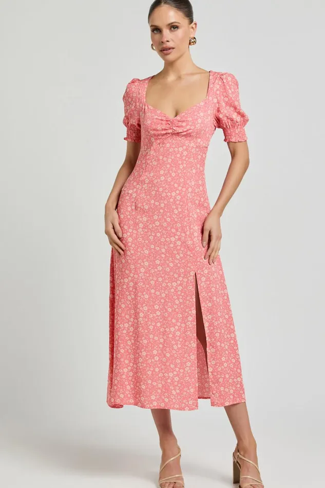 Marcel Midi Dress 8211 Sweetheart Puff Sleeve Thigh Split Dress In Coral Women Showpo Dresses