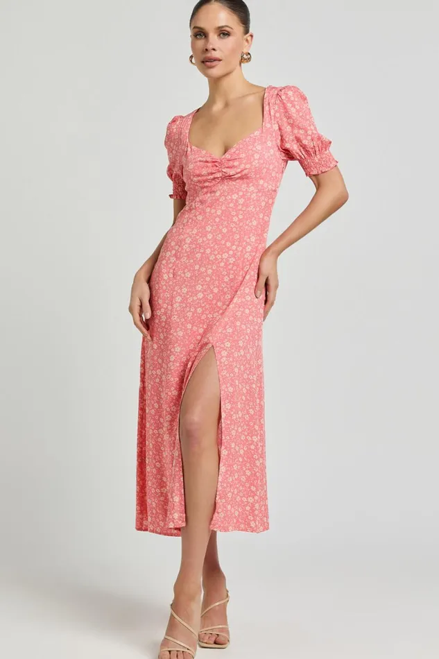 Marcel Midi Dress 8211 Sweetheart Puff Sleeve Thigh Split Dress In Coral Women Showpo Dresses