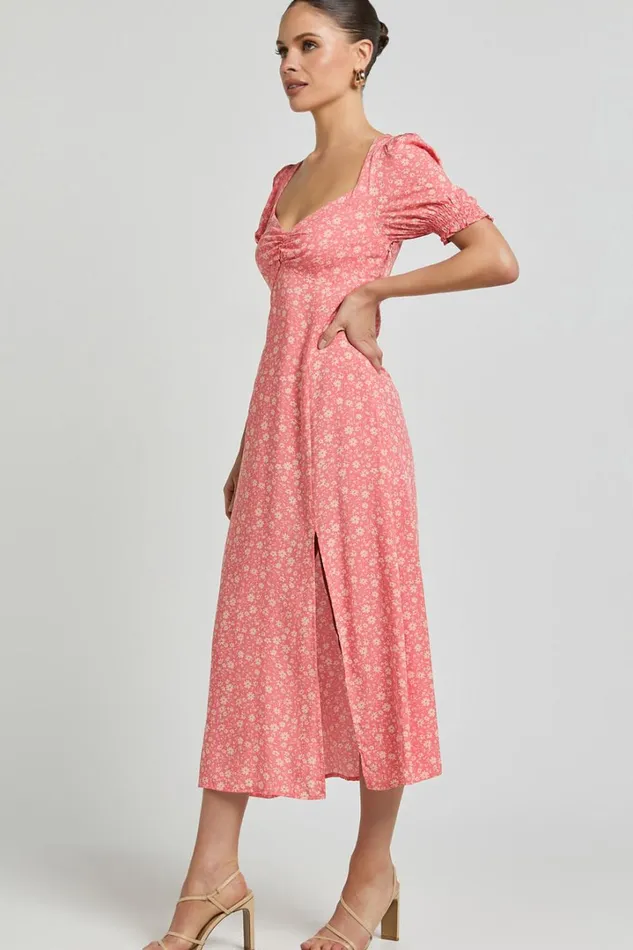Marcel Midi Dress 8211 Sweetheart Puff Sleeve Thigh Split Dress In Coral Women Showpo Dresses