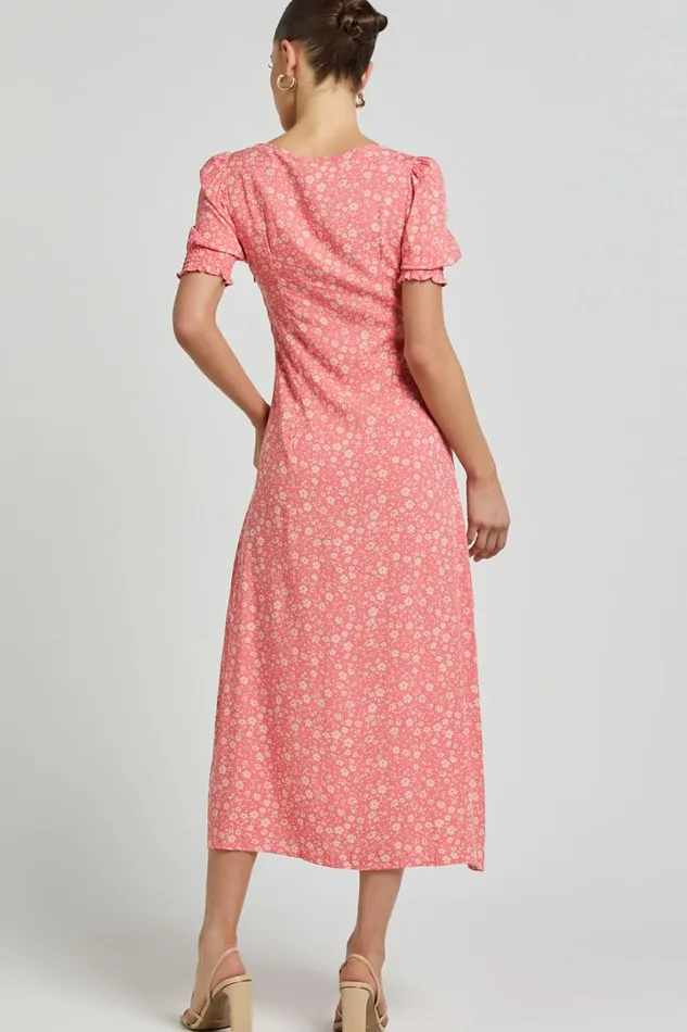Marcel Midi Dress 8211 Sweetheart Puff Sleeve Thigh Split Dress In Coral Women Showpo Dresses