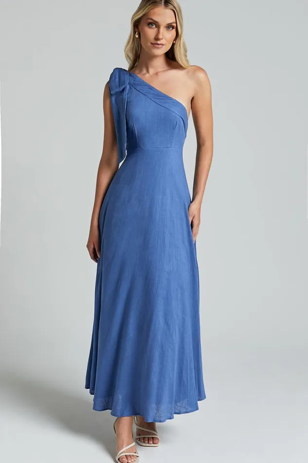Marifee Midi Dress 8211 Tie One Shoulder Linen Dress In Blue Women Showpo Dresses