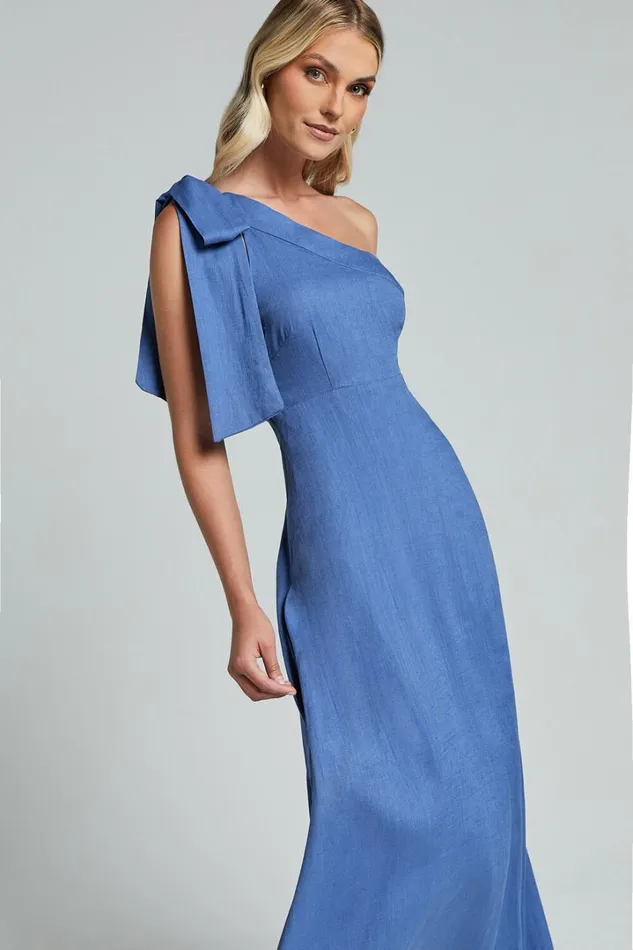 Marifee Midi Dress 8211 Tie One Shoulder Linen Dress In Blue Women Showpo Dresses