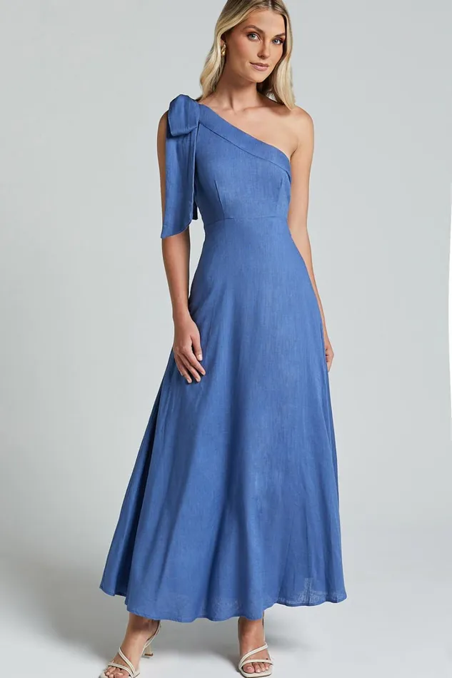 Marifee Midi Dress 8211 Tie One Shoulder Linen Dress In Blue Women Showpo Dresses