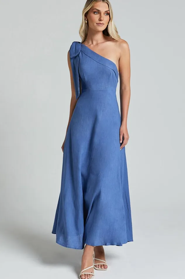 Marifee Midi Dress 8211 Tie One Shoulder Linen Dress In Blue Women Showpo Dresses