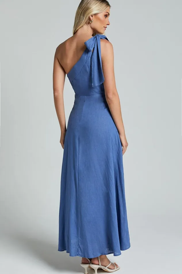 Marifee Midi Dress 8211 Tie One Shoulder Linen Dress In Blue Women Showpo Dresses