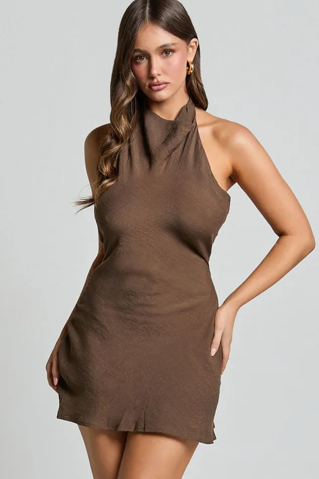 Martine Mini Dress 8211 Halter Cowl Neck Low Tie Back Dress In Brown Women Showpo Dresses