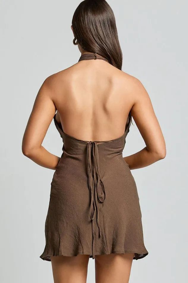 Martine Mini Dress 8211 Halter Cowl Neck Low Tie Back Dress In Brown Women Showpo Dresses