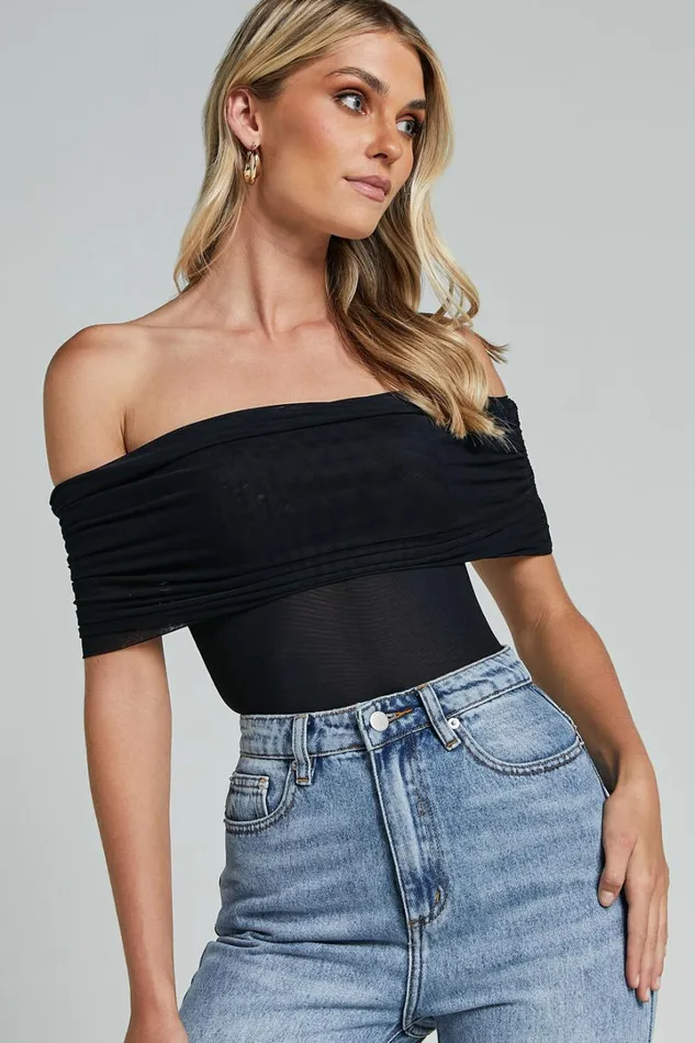 Maylene Bodysuit 8211 Ruched Off The Shoulder Mesh Bodysuit In Black Women Showpo Tops
