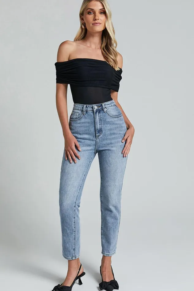 Maylene Bodysuit 8211 Ruched Off The Shoulder Mesh Bodysuit In Black Women Showpo Tops
