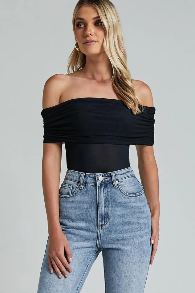 Maylene Bodysuit 8211 Ruched Off The Shoulder Mesh Bodysuit In Black Women Showpo Tops