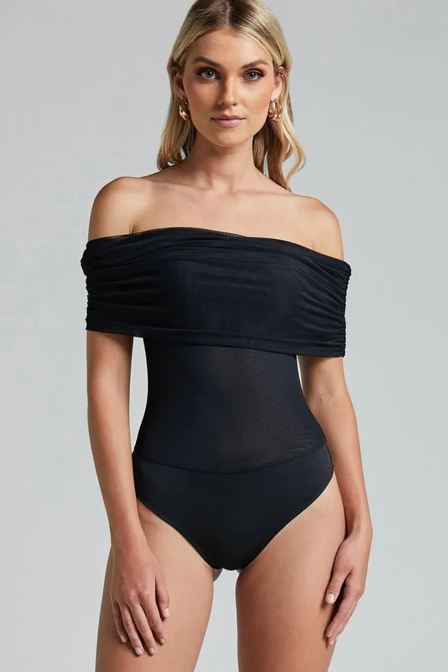 Maylene Bodysuit 8211 Ruched Off The Shoulder Mesh Bodysuit In Black Women Showpo Tops