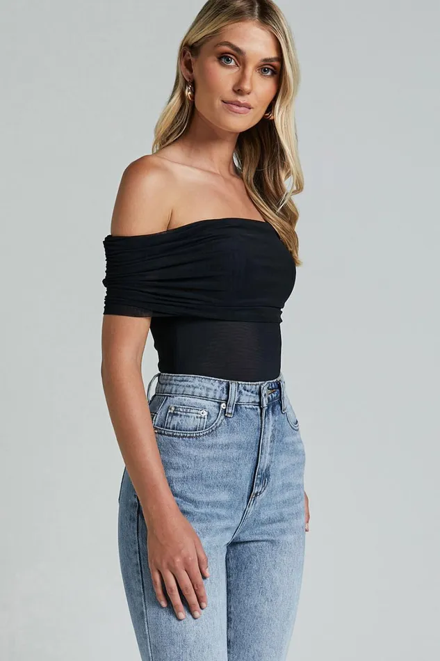 Maylene Bodysuit 8211 Ruched Off The Shoulder Mesh Bodysuit In Black Women Showpo Tops