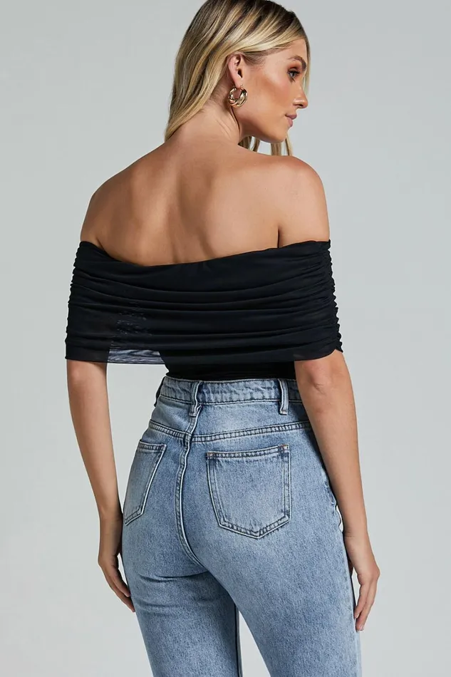 Maylene Bodysuit 8211 Ruched Off The Shoulder Mesh Bodysuit In Black Women Showpo Tops