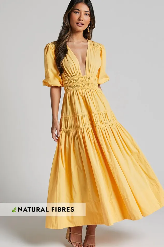 Mellie Midi Dress 8211 Puff Sleeve Plunge Tiered Dress In Pineapple Women Showpo Curve Clothes Mellie Midi Dress 8211 Puff Sleeve Plunge Tiered Dress In Pineapple Women Showpo Curve Clothes