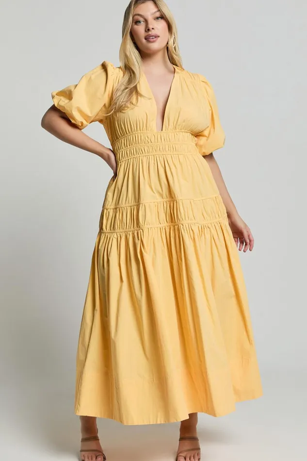 Mellie Midi Dress 8211 Puff Sleeve Plunge Tiered Dress In Pineapple Women Showpo Curve Clothes