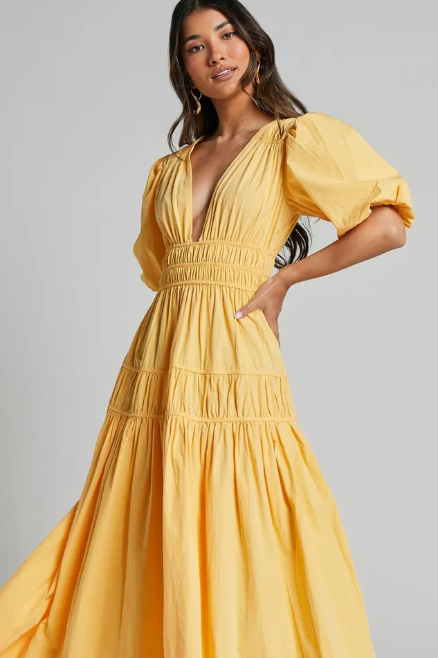 Mellie Midi Dress 8211 Puff Sleeve Plunge Tiered Dress In Pineapple Women Showpo Curve Clothes