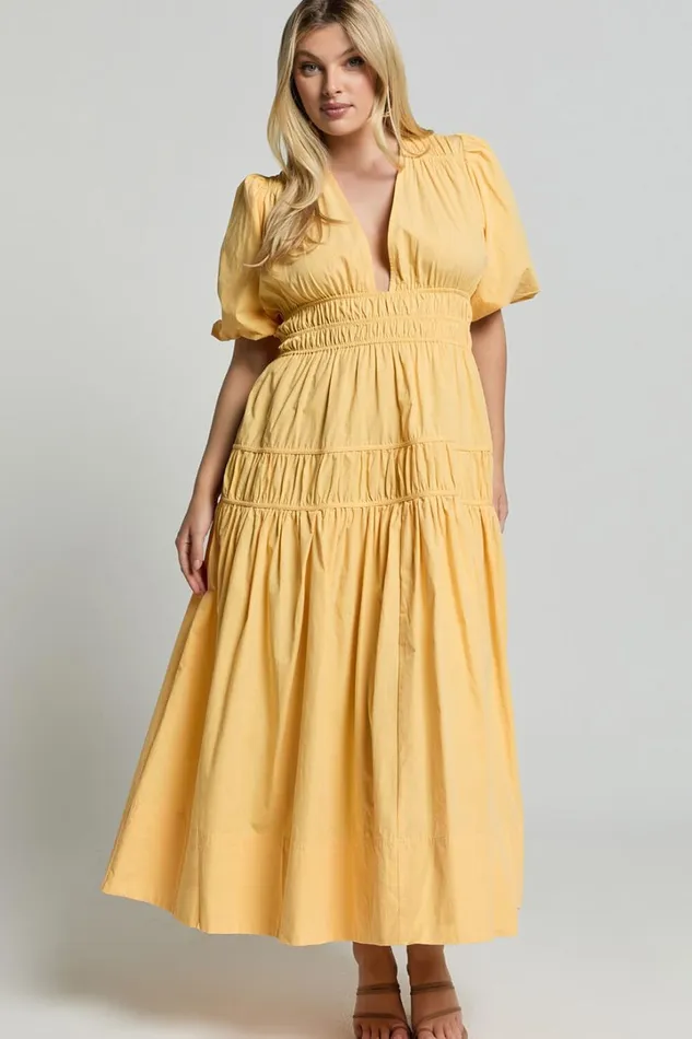 Mellie Midi Dress 8211 Puff Sleeve Plunge Tiered Dress In Pineapple Women Showpo Curve Clothes