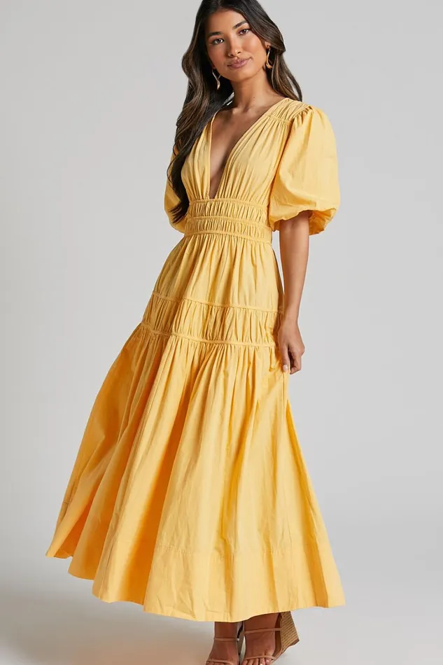 Mellie Midi Dress 8211 Puff Sleeve Plunge Tiered Dress In Pineapple Women Showpo Curve Clothes
