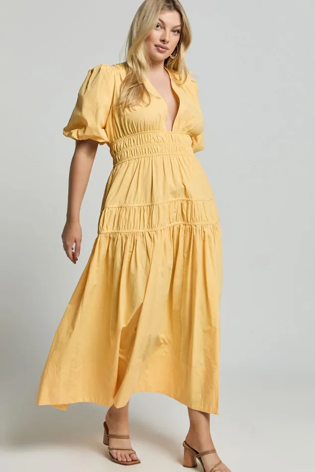 Mellie Midi Dress 8211 Puff Sleeve Plunge Tiered Dress In Pineapple Women Showpo Curve Clothes