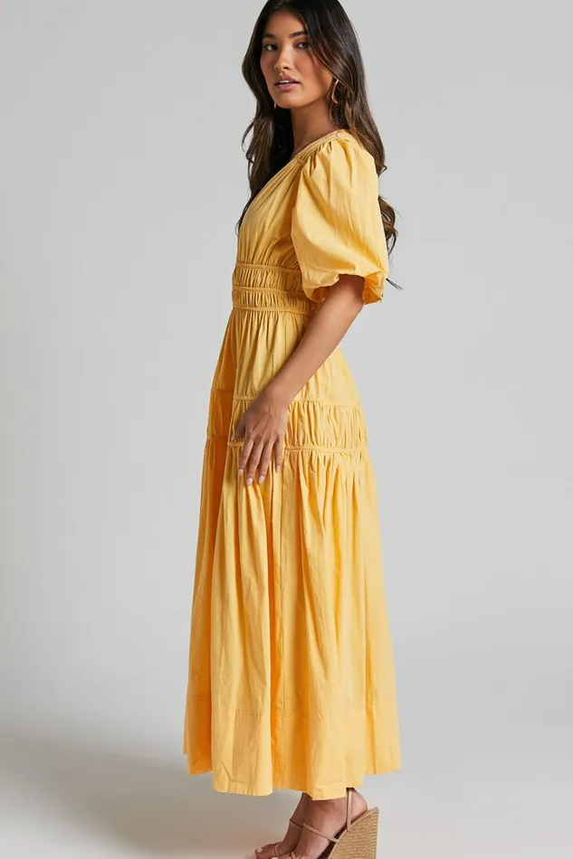 Mellie Midi Dress 8211 Puff Sleeve Plunge Tiered Dress In Pineapple Women Showpo Curve Clothes