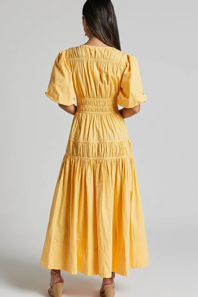 Mellie Midi Dress 8211 Puff Sleeve Plunge Tiered Dress In Pineapple Women Showpo Curve Clothes