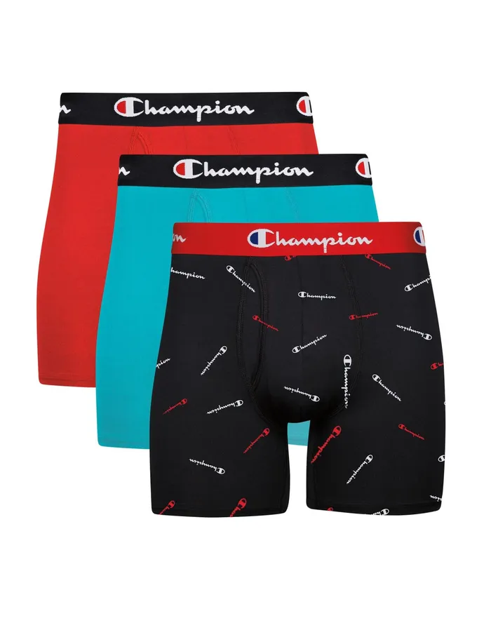Men039S Boxer Briefs Pack Lightweight Stretch MoistureWicking 3Pack RedTealPrint Blackredwhite Script Logoteal Men Champion Underwear