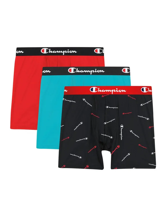 Men039S Boxer Briefs Pack Lightweight Stretch MoistureWicking 3Pack RedTealPrint Blackredwhite Script Logoteal Men Champion Underwear