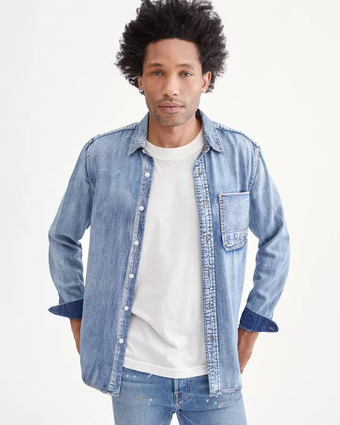 Men 7 For All Mankind Shirts Indigo Selvedge Shirt In Stone Wash