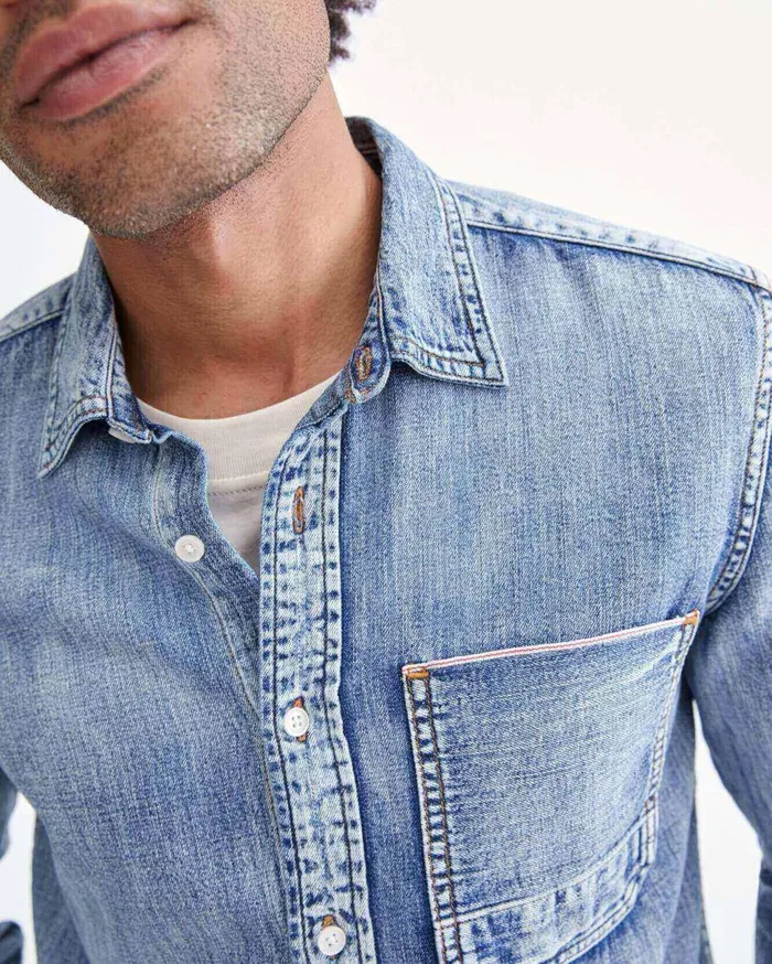 Men 7 For All Mankind Shirts Indigo Selvedge Shirt In Stone Wash