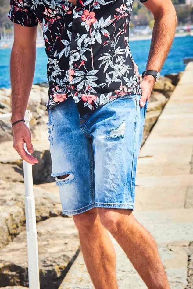 Men Bermuda Bleu En Jeans Dchir Blue Brentiny Paris Shorts