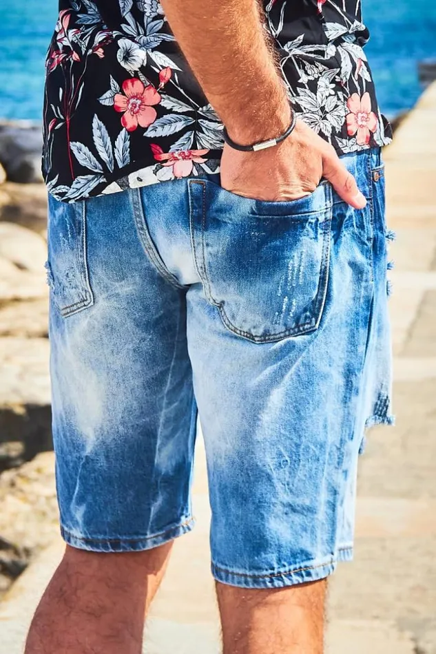 Men Bermuda Bleu En Jeans Dchir Blue Brentiny Paris Shorts