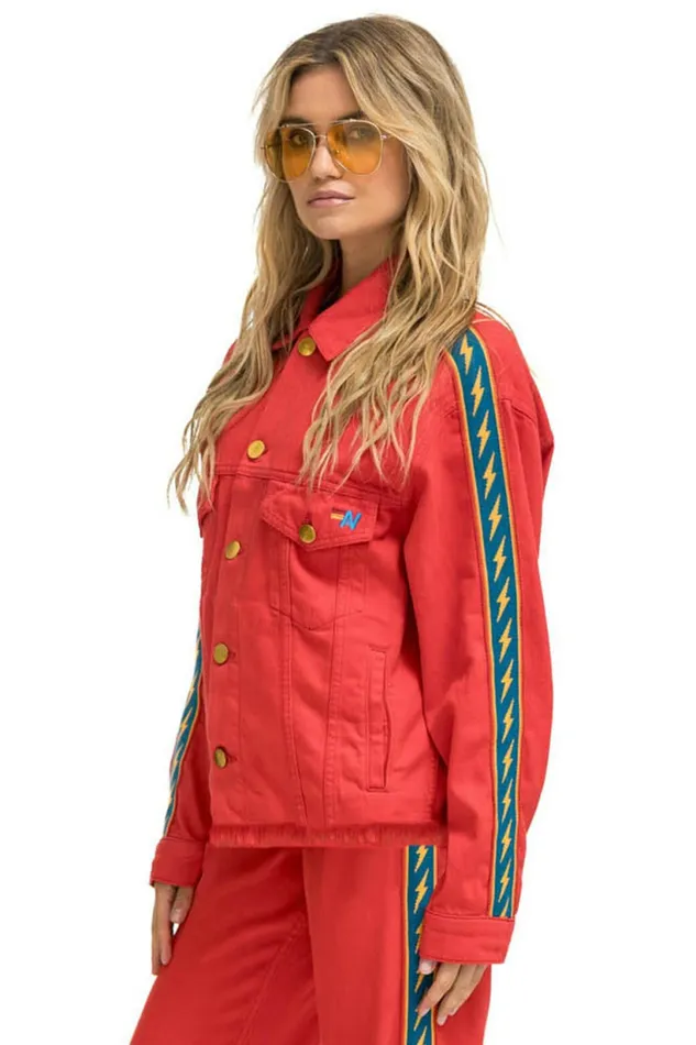 Men BOLT STRIPE OVERSIZED CUTOFF DENIM JACKET 8211 RED Aviator Nation Men BOLT STRIPE OVERSIZED CUTOFF DENIM JACKET 8211 RED Aviator Nation