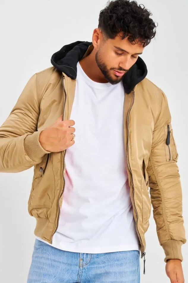 Men Bomber pais Beige Fonc Avec Capuche Noire En Coton Amovible Darkbeige Brentiny Paris Jackets