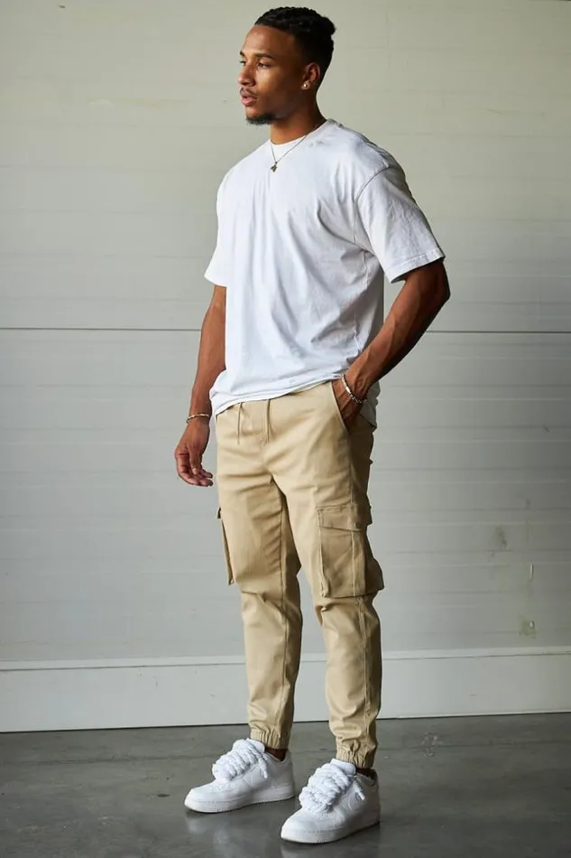 Men Cargo Joggers In Beige Beige Brentiny Paris Pants