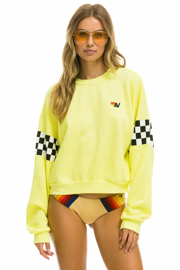 Men CHECK 2 SLEEVE RELAXED CREW SWEATSHIRT 8211 NEON YELLOW Aviator Nation CrewSweatshirts