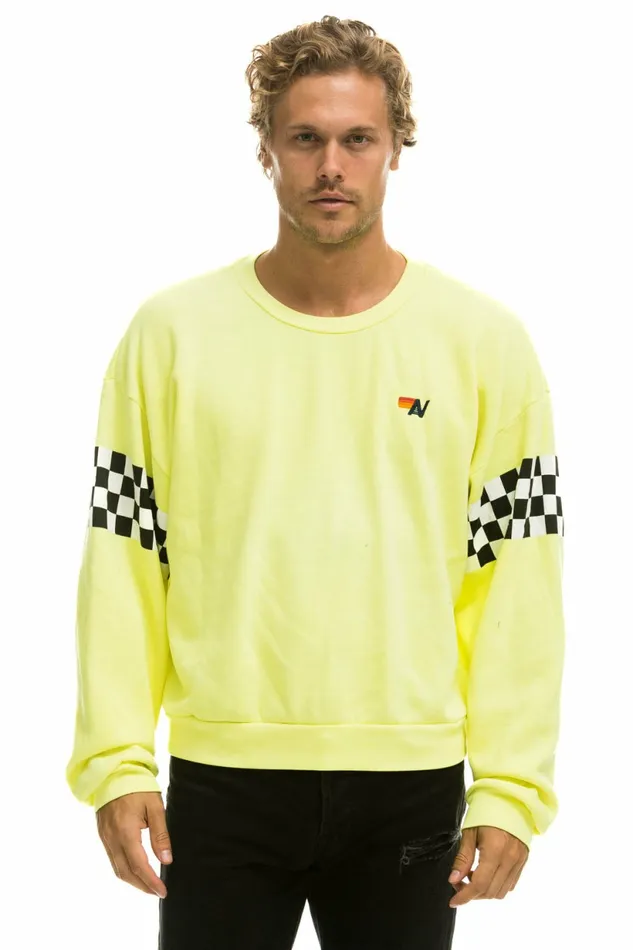 Men CHECK 2 SLEEVE RELAXED CREW SWEATSHIRT 8211 NEON YELLOW Aviator Nation CrewSweatshirts Men CHECK 2 SLEEVE RELAXED CREW SWEATSHIRT 8211 NEON YELLOW Aviator Nation CrewSweatshirts
