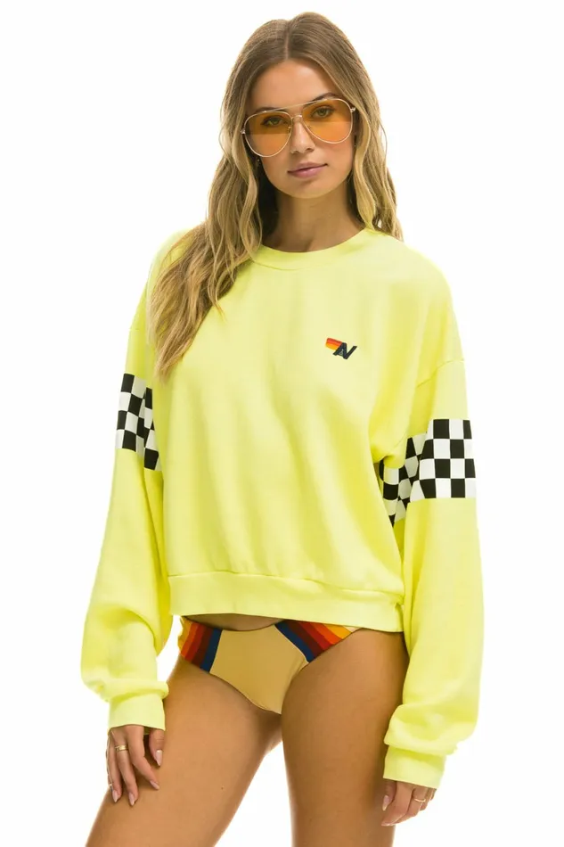 Men CHECK 2 SLEEVE RELAXED CREW SWEATSHIRT 8211 NEON YELLOW Aviator Nation CrewSweatshirts Men CHECK 2 SLEEVE RELAXED CREW SWEATSHIRT 8211 NEON YELLOW Aviator Nation CrewSweatshirts