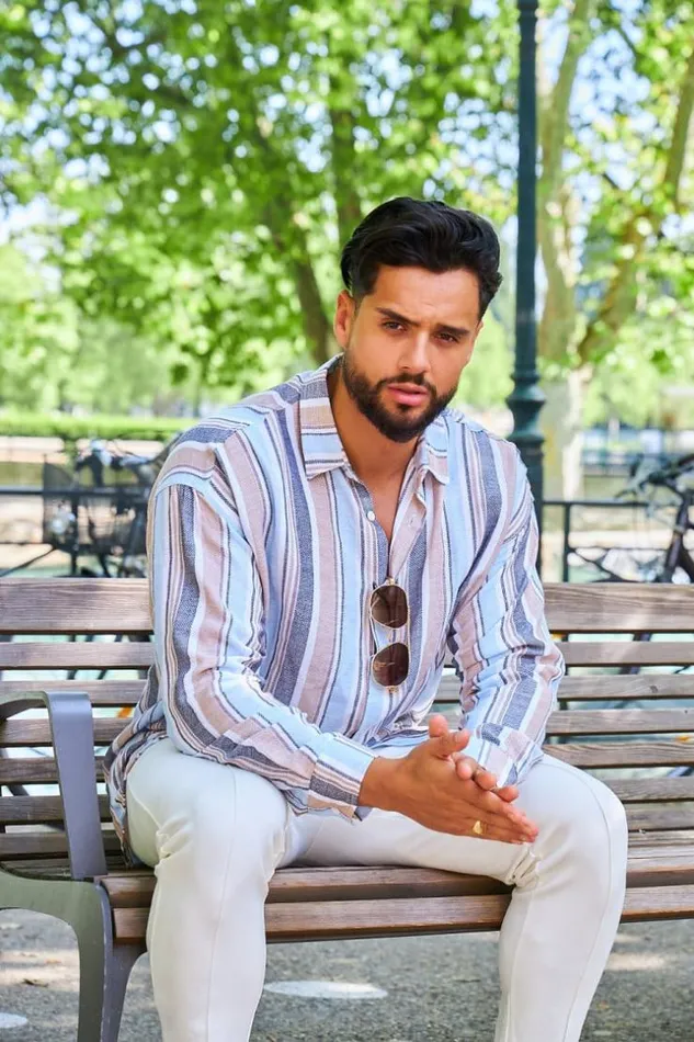 Men Chemise En Maille De Coton Raye Bleue Beige Brentiny Paris Shirts