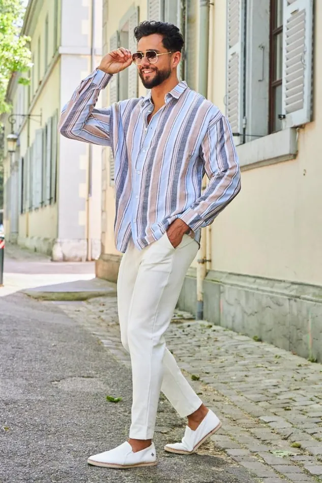Men Chemise En Maille De Coton Raye Bleue Beige Brentiny Paris Shirts
