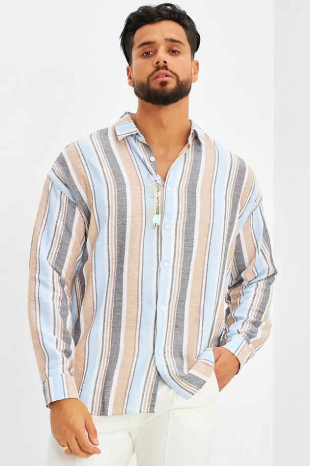 Men Chemise En Maille De Coton Raye Bleue Beige Brentiny Paris Shirts