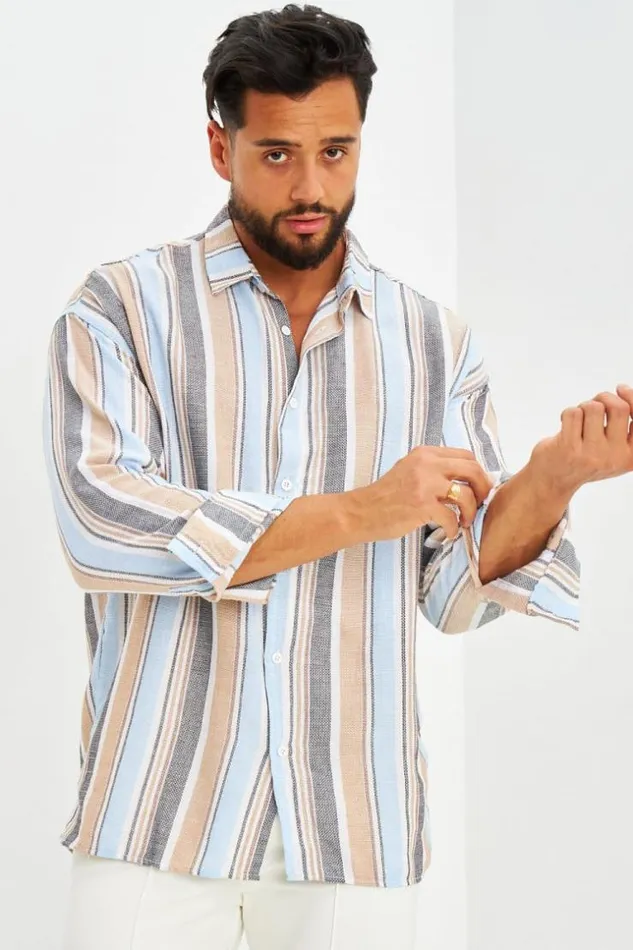 Men Chemise En Maille De Coton Raye Bleue Beige Brentiny Paris Shirts