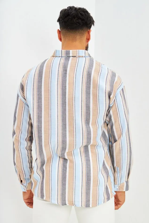 Men Chemise En Maille De Coton Raye Bleue Beige Brentiny Paris Shirts