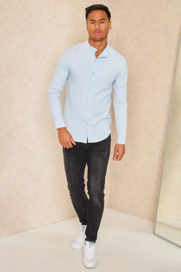 Men Chemise Fluide Texture Bleu Clair Blue Brentiny Paris Shirts