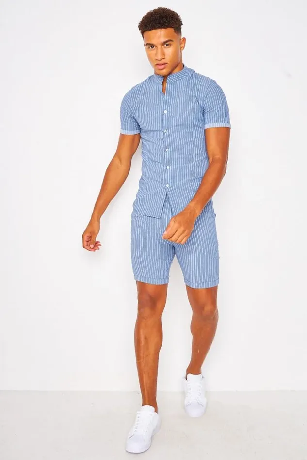 Men Collarless Shirt With Vertical Stripes In Blue Blue Brentiny Paris Shirts