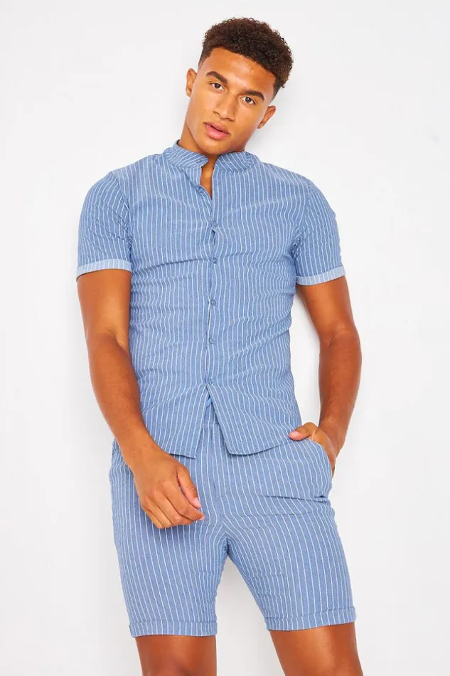 Men Collarless Shirt With Vertical Stripes In Blue Blue Brentiny Paris Shirts