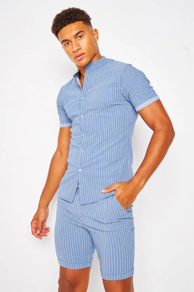 Men Collarless Shirt With Vertical Stripes In Blue Blue Brentiny Paris Shirts