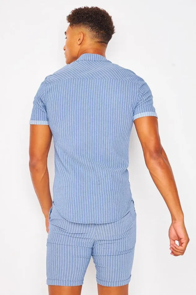 Men Collarless Shirt With Vertical Stripes In Blue Blue Brentiny Paris Shirts