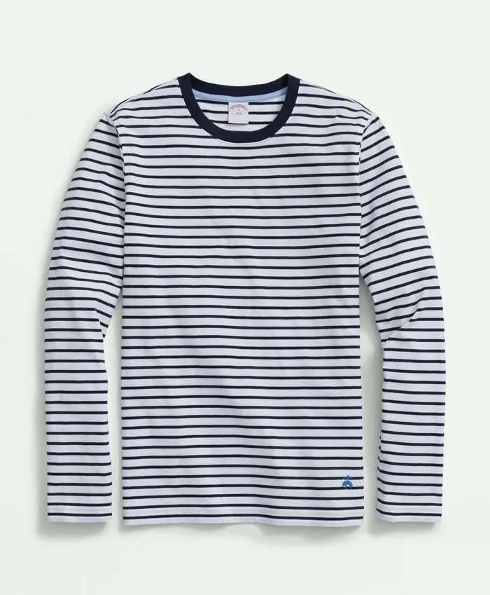 Men Cotton Crewneck Striped LongSleeve TShirt Whitenavy Brooks Brothers TShirts and Sweats