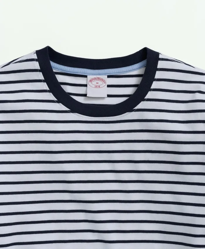 Men Cotton Crewneck Striped LongSleeve TShirt Whitenavy Brooks Brothers TShirts and Sweats