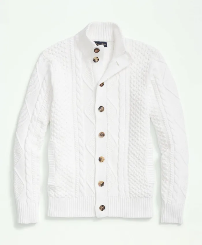 Men Cotton Stand Collar Aran Knit Cardigan White Brooks Brothers Sweaters
